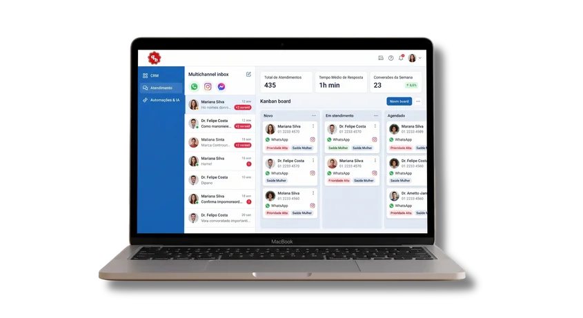 Notebook exibindo o painel multicanal e o Kanban do CRM Queenbee.co